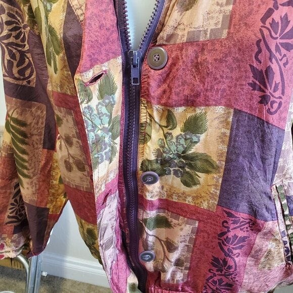 Vintage Stunt Sports 100% Silk Patchwork Jacket Small Boho 90 Bomber Flora Fruit - Picture 4 of 12